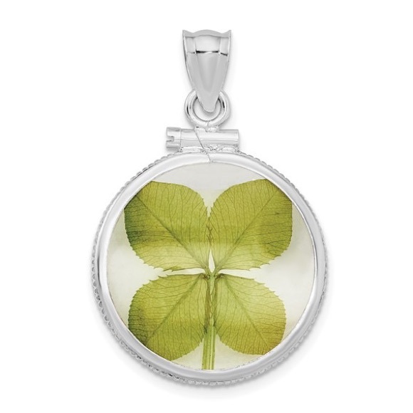Sterling Silver Polish 3D Genuine 4-Leaf Clover Coin Edge Pendant - Picture 1 of 1